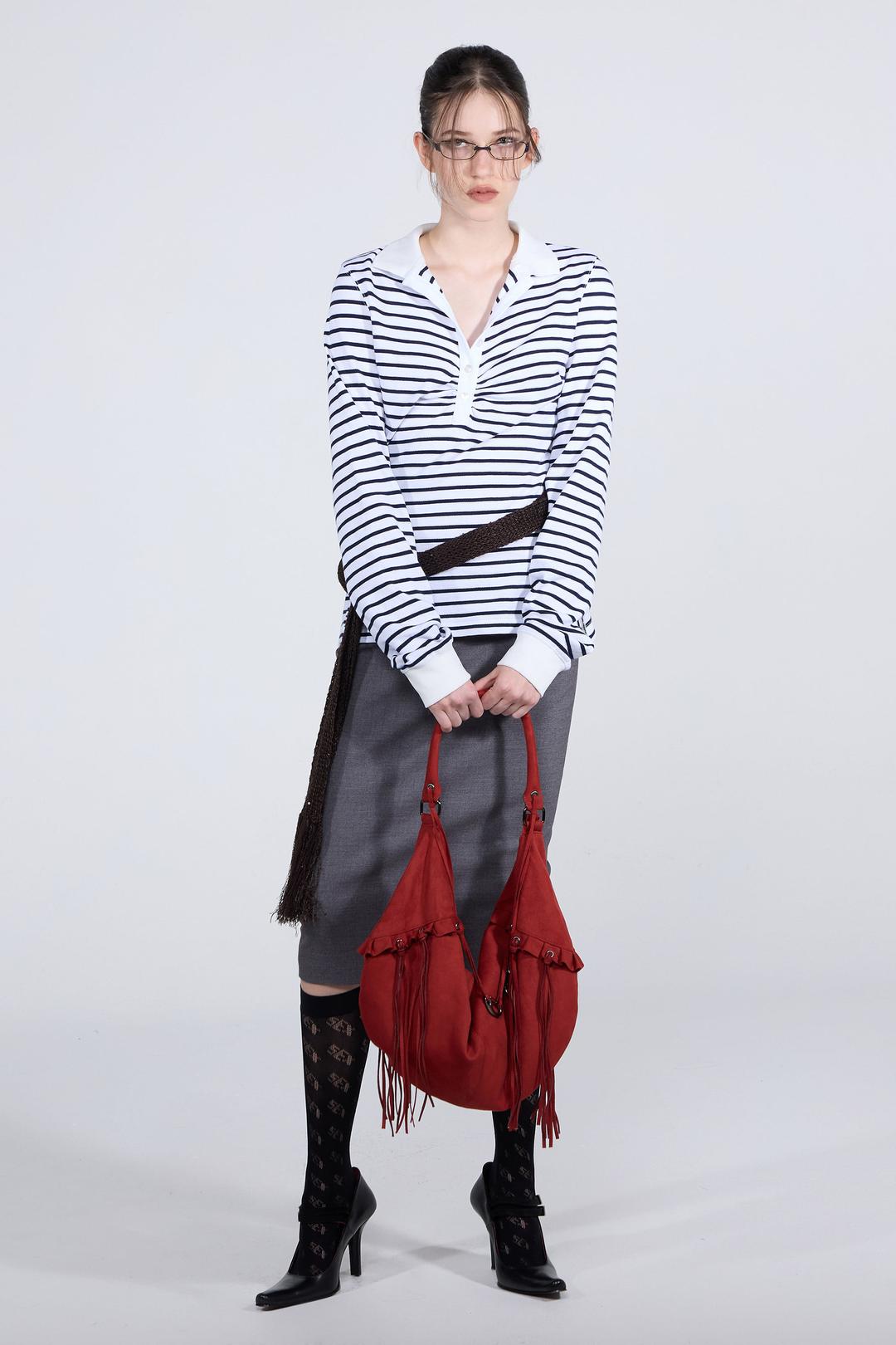 Shirring Tennis Shirt White/Navy Stripe