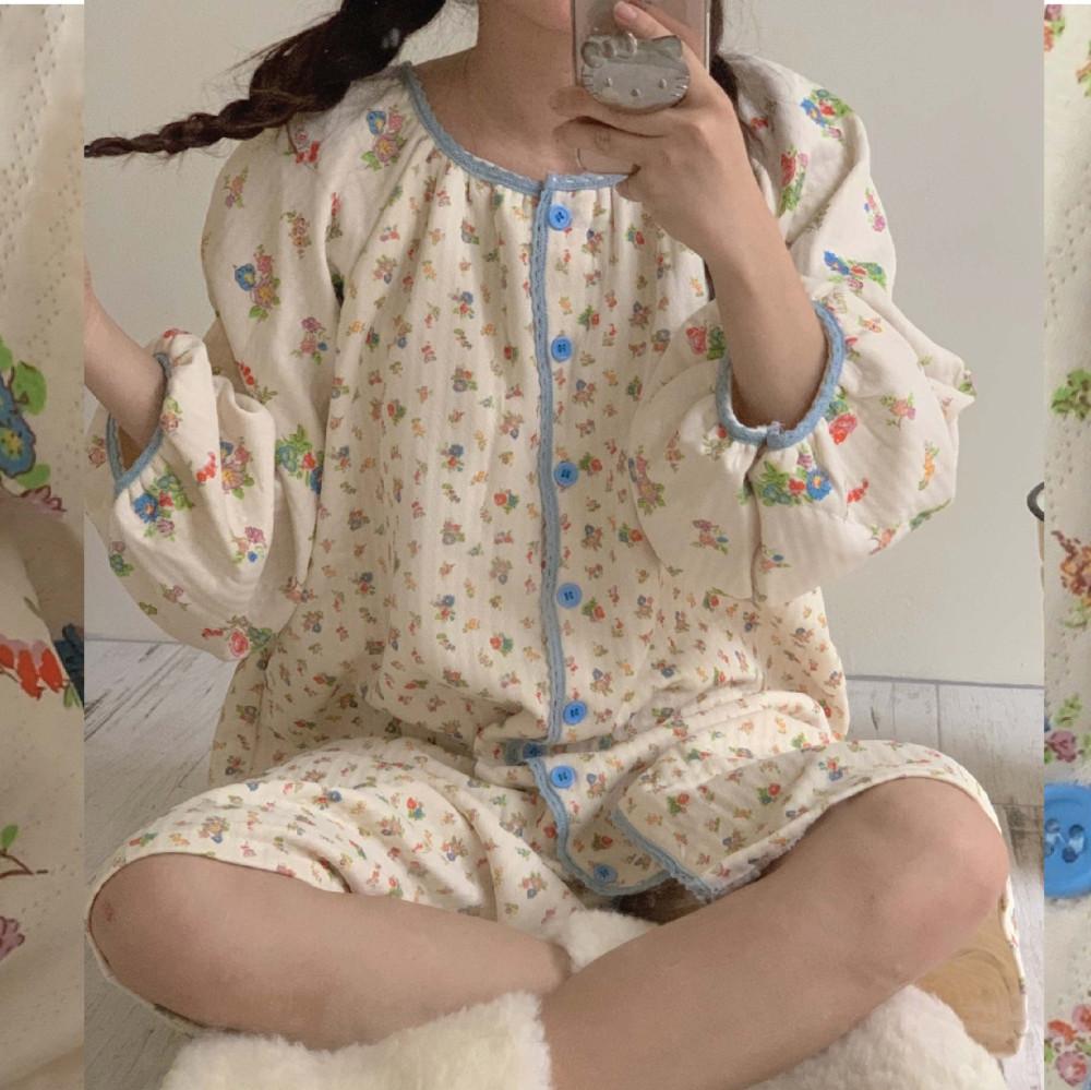 세트 원피스 하프 플라워 누빔 잠옷 파자마 주머니 꽃 연말 따뜻한 겨울