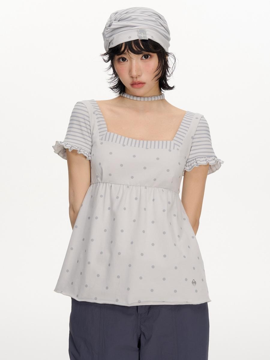 NECY STUDIO Ruffle Square Dot Stripe Top