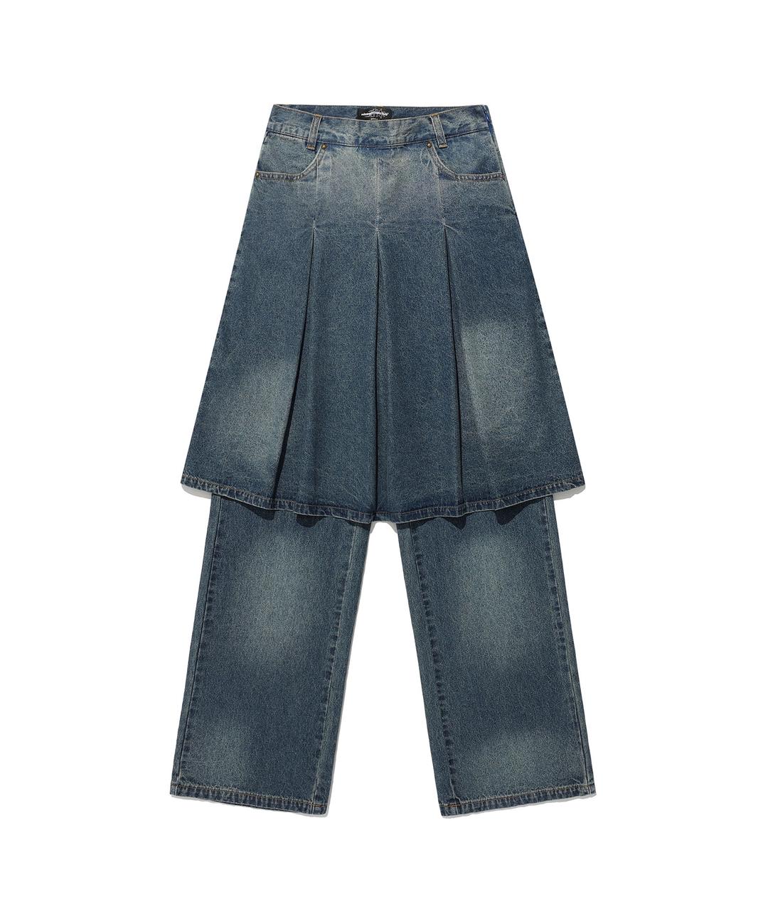 DENIM PLEATS LAYERED SKIRT PANTS[BLUE]
