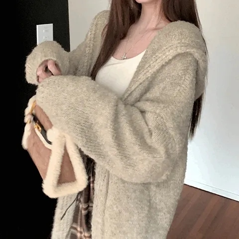 🚀당일출고[주문폭주](2color)꾸안꾸 데일리룩 니트 후드 올린 롱가디건
