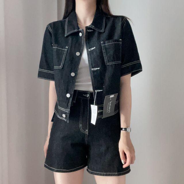 (이염X) 논페이드 스티치 자켓 반바지 데님 세트 투피스 단품가능 - 진청 흑청