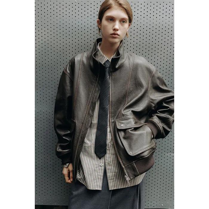 UNISEX STAND COLLARED LEATHER BLOUSON DARK BROWN_UDJU5C103W3