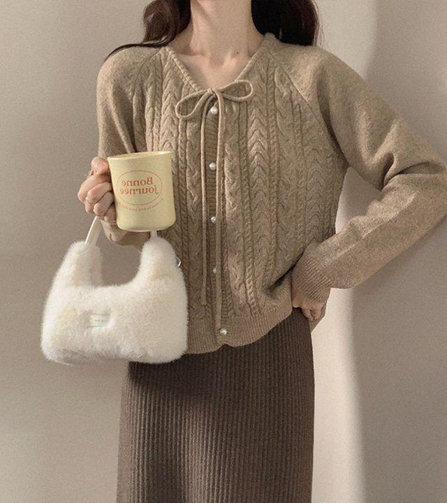 이브 울 꽈배기 진주 리본 니트 볼레로 가디건_룩앤무드