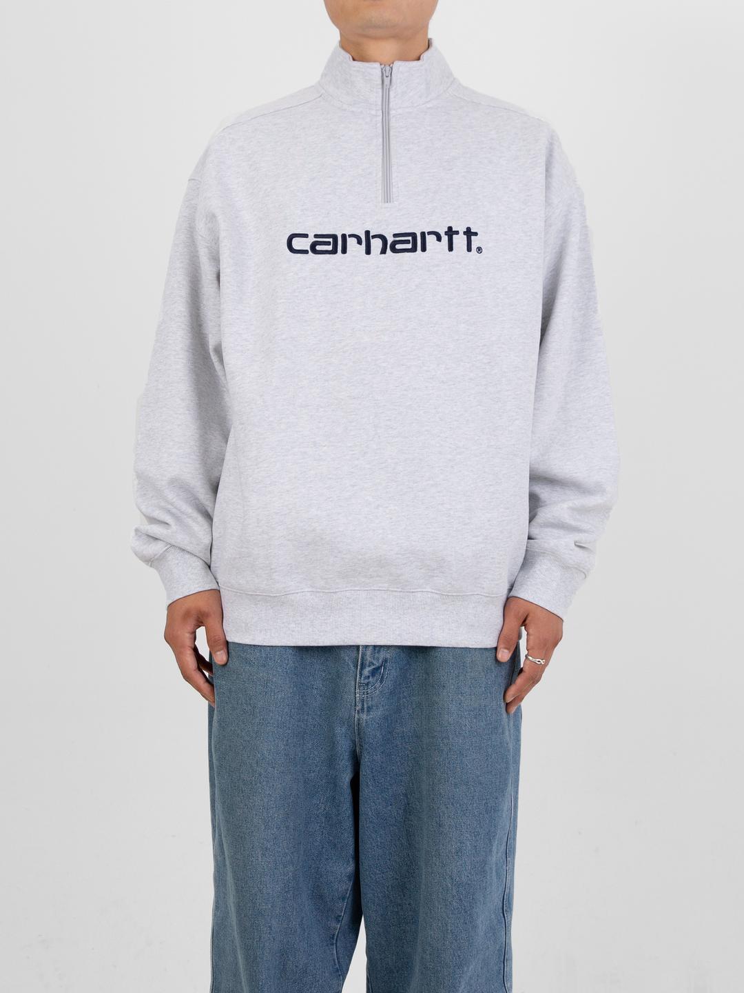 칼하트WIP SCRIPT HALF ZIP SWEATSHIRT-ASH HEATHER/DARK NAVY