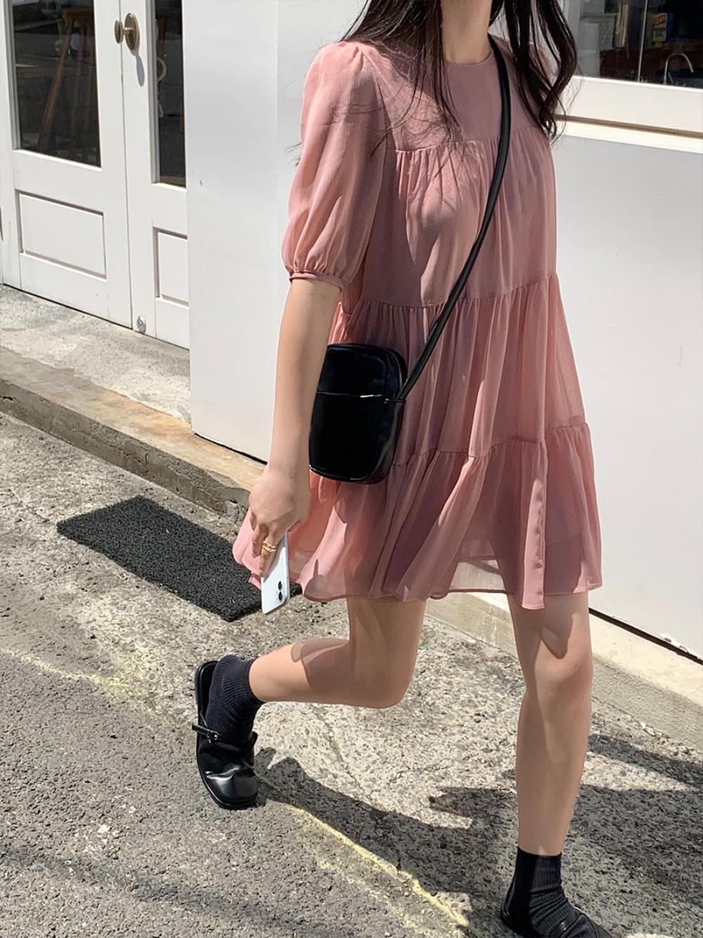 [자체제작]렌트리 캉캉 쉬폰 반팔 미니 원피스