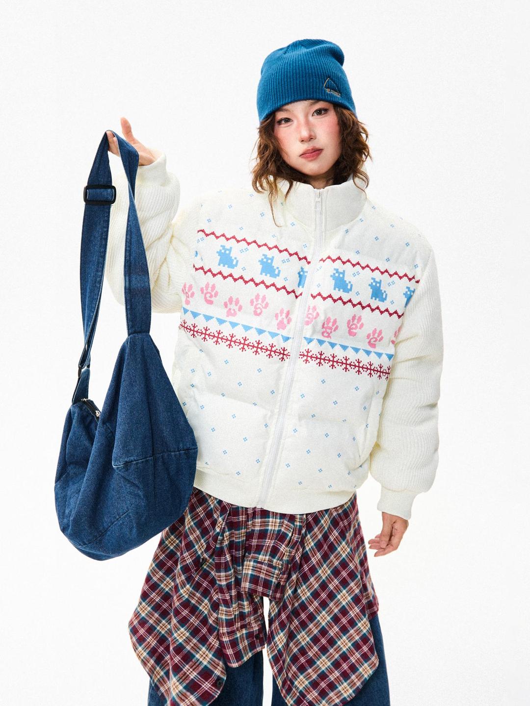 여성 겨울 니트 소매 루즈핏 두꺼운 보온 패딩 아우터