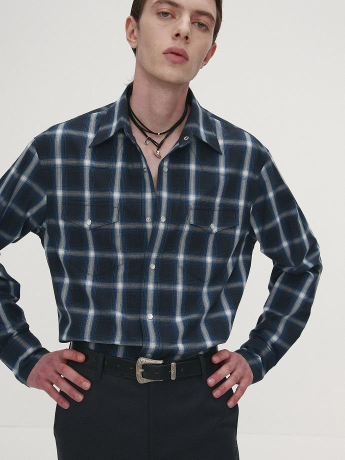 CHECKED COTTON WESTERN SHIRT (JAPANESE FABRIC)_ NAVY/WHITE