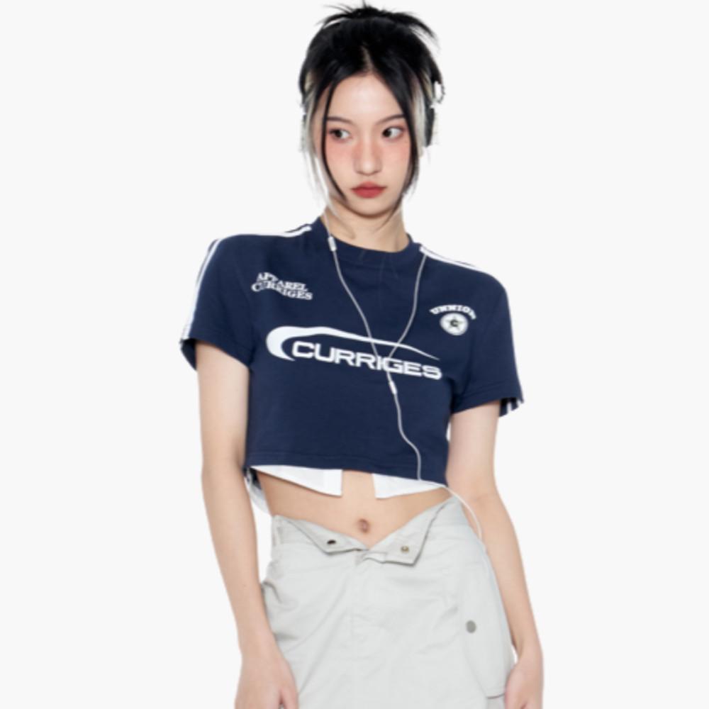 CURRIGES 블록코어 반팔 배꼽 티셔츠 슬림 크롭탑 풋볼티셔츠