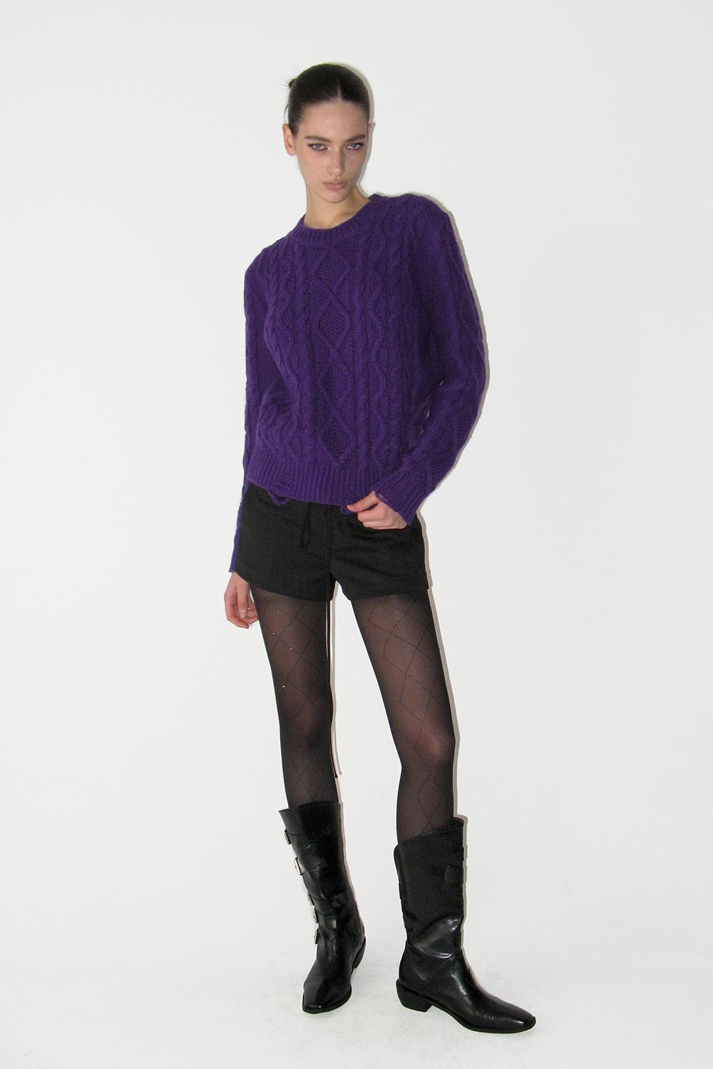 DAMAGED CABLE WOOL KNIT, PURPLE