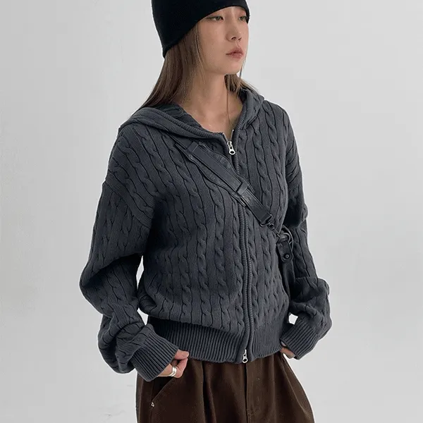 [MADE] 베르노 케이블 후드 니트 집업 (코튼 60%) [데일리 아우터 후디 후드집업 지퍼 포켓 기본 레이어드 긴팔 니트]