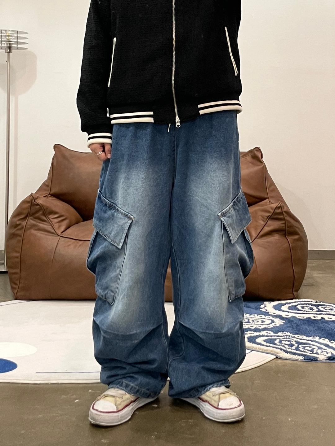 (🚀당일출고🚀)(2COLOR) 사선벌룬 데님카고팬츠 (카고, 벌룬팬츠, 청카고, 와이드청바지, 카고청바지, 스트링팬츠, 카고바지)