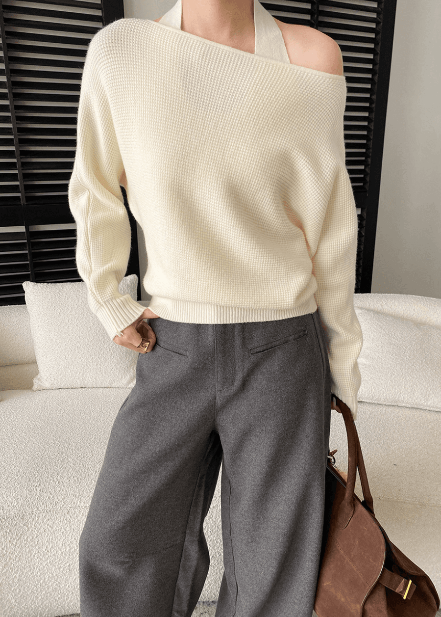 에센셜 홀터 오프숄더 와플 니트 SET