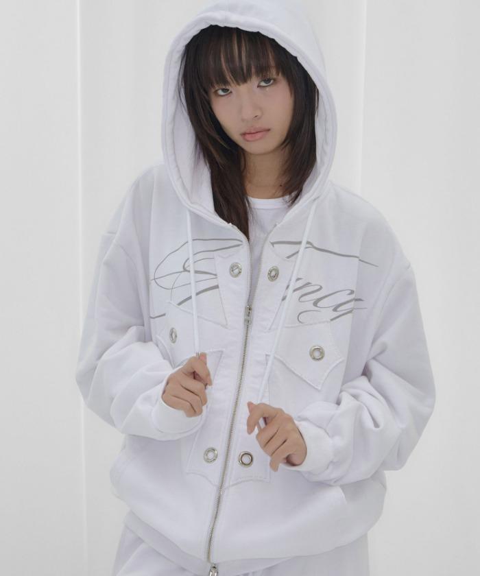 BIG CROSS EYELET HOODED ZIP-UP (WHITE) F26QB038