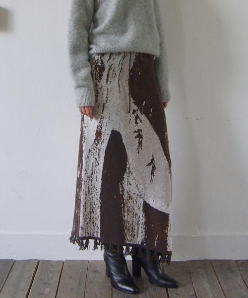ASYMMETRY FRINGE CASHMERE SKIRT - BROWN