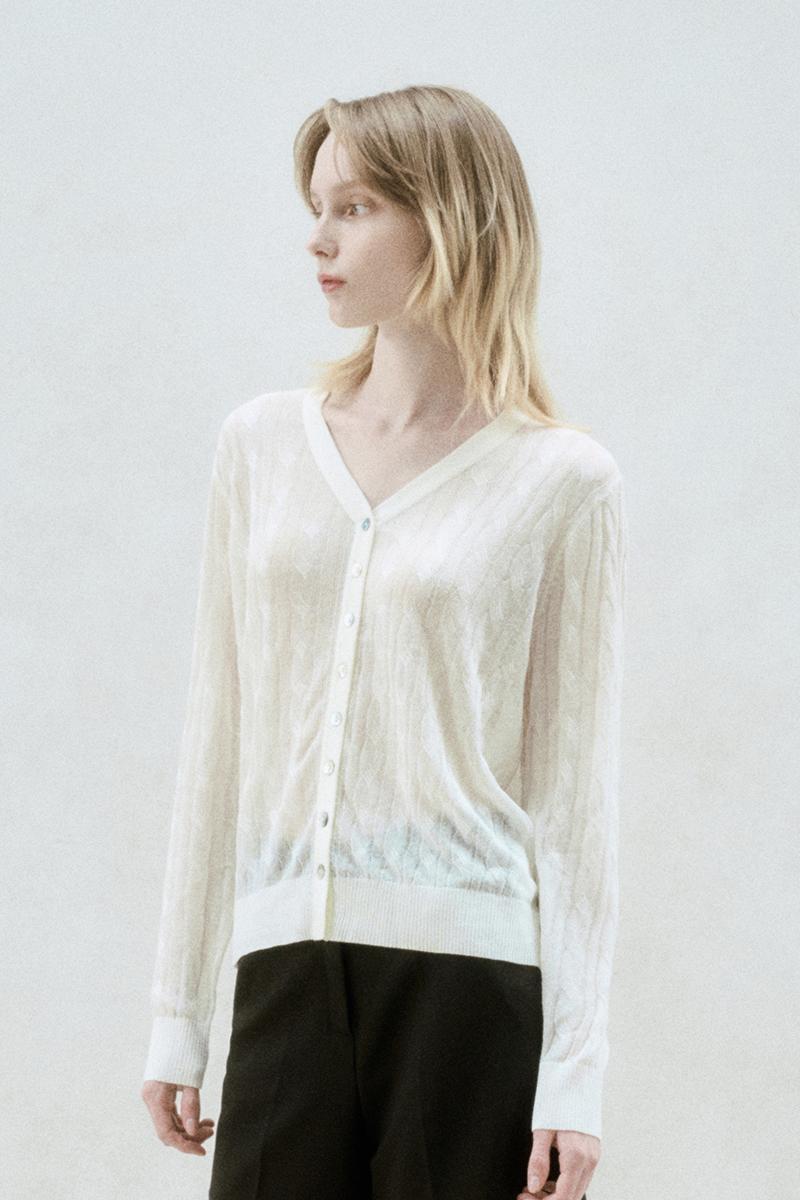 LINEN BLEND CABLE KNIT SHEER CARDIGAN CREAM