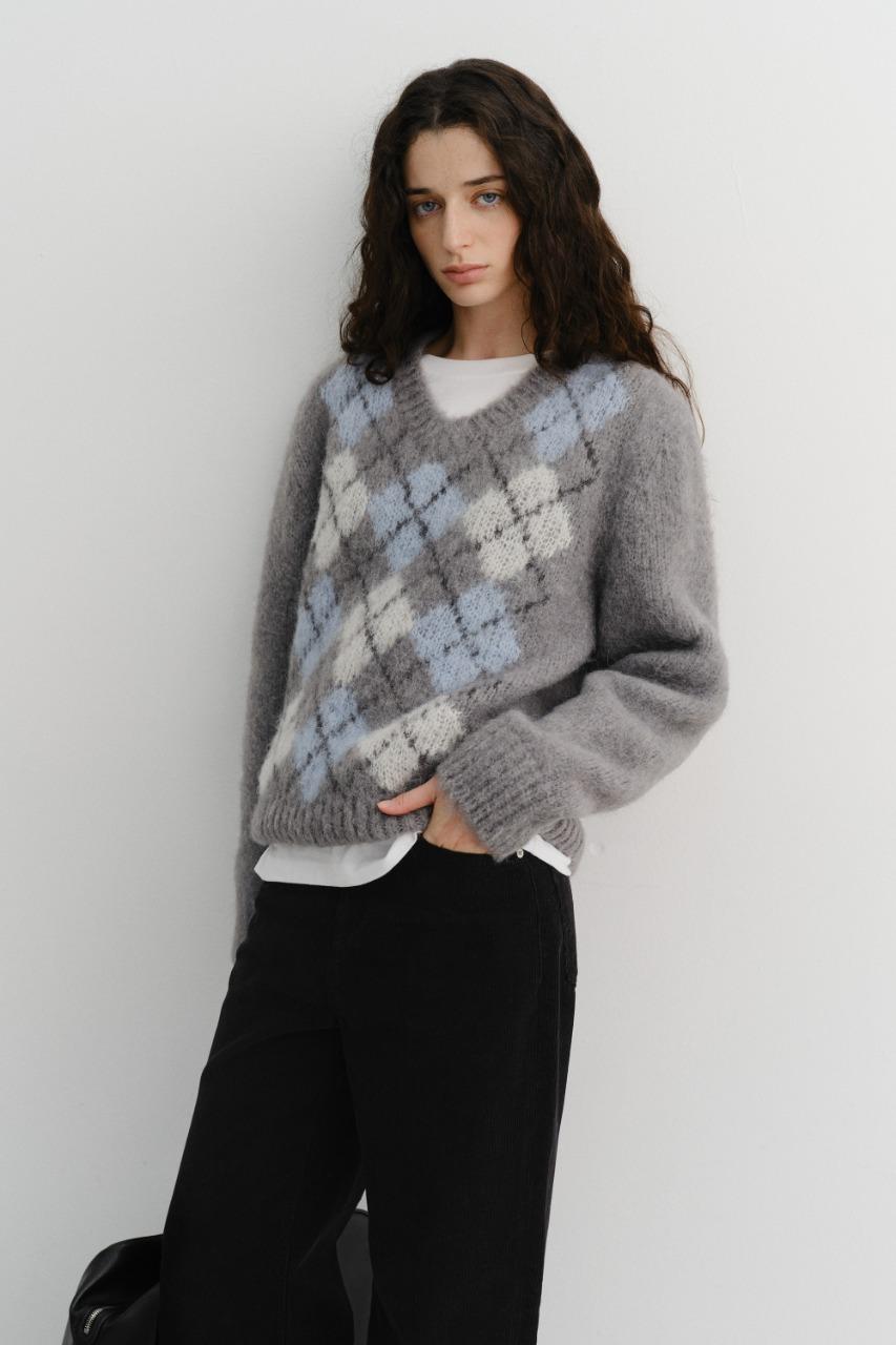 UNISEX BABY ALPACA ARGYLE SWEATER MELANGE GREY