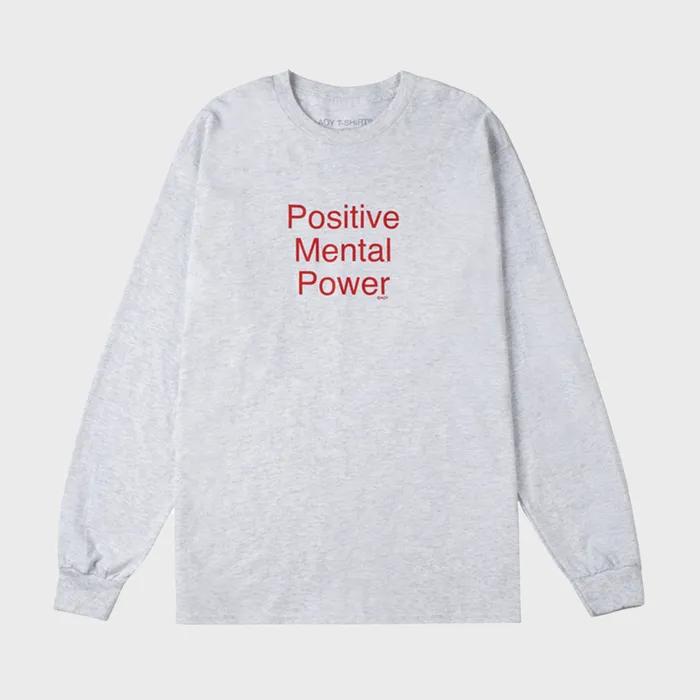POSITIVE MENTAL POWER(RED) LONG SLEEVE T-SHIRTS IN HEATHER GREY
