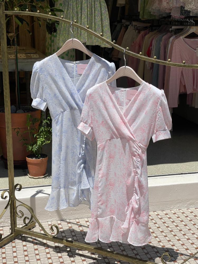 블루밍 여름 반팔 셔링 쉬폰 미니원피스