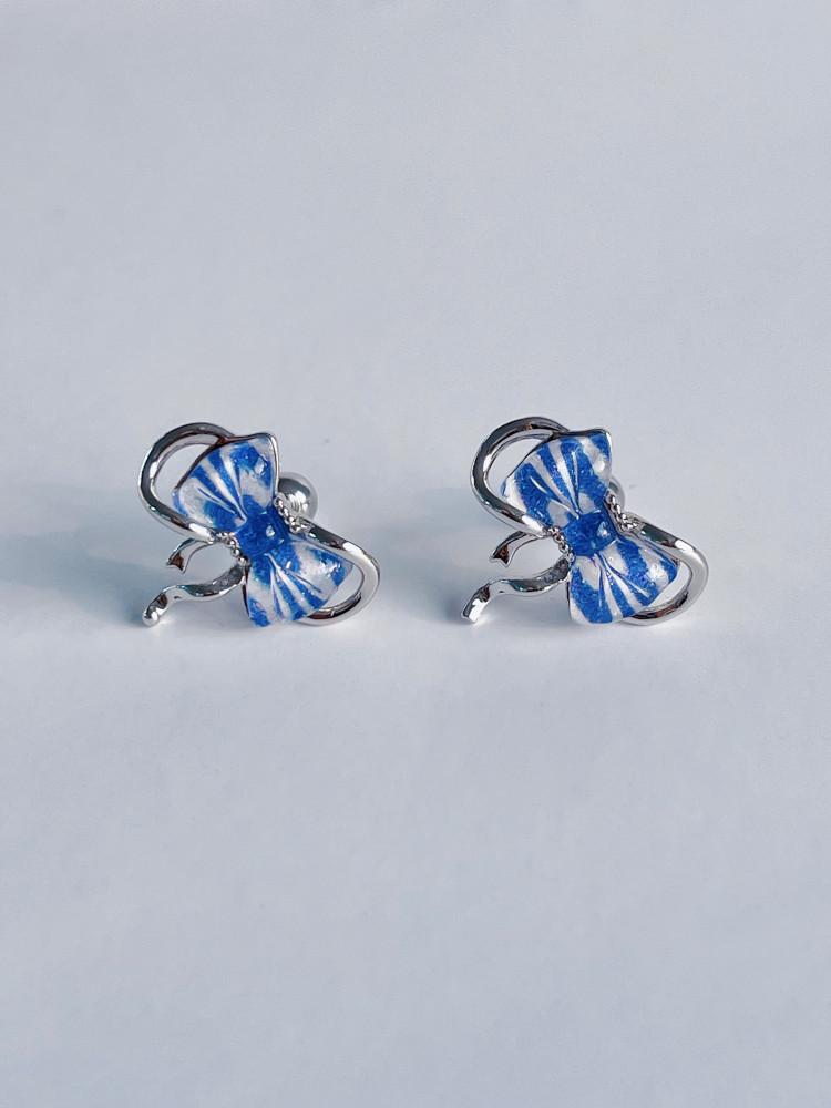 블루 스트라이프 빅 리본 피어싱/귀걸이 오김