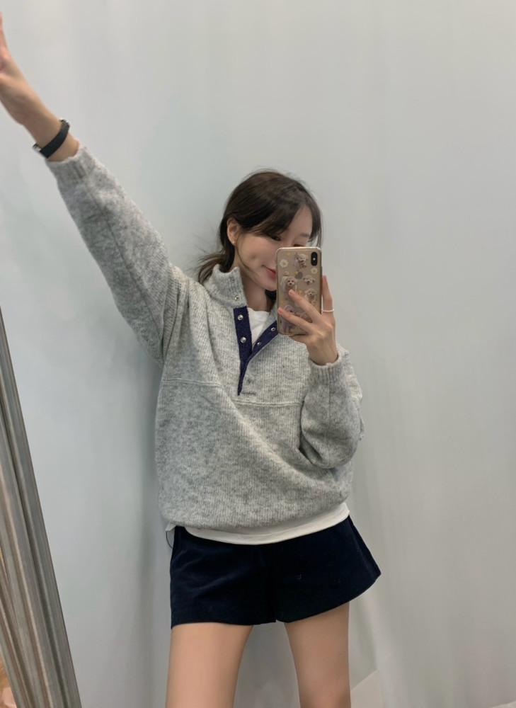 도톰 울 스트링 배색 캠퍼 니트 집업 - 3color