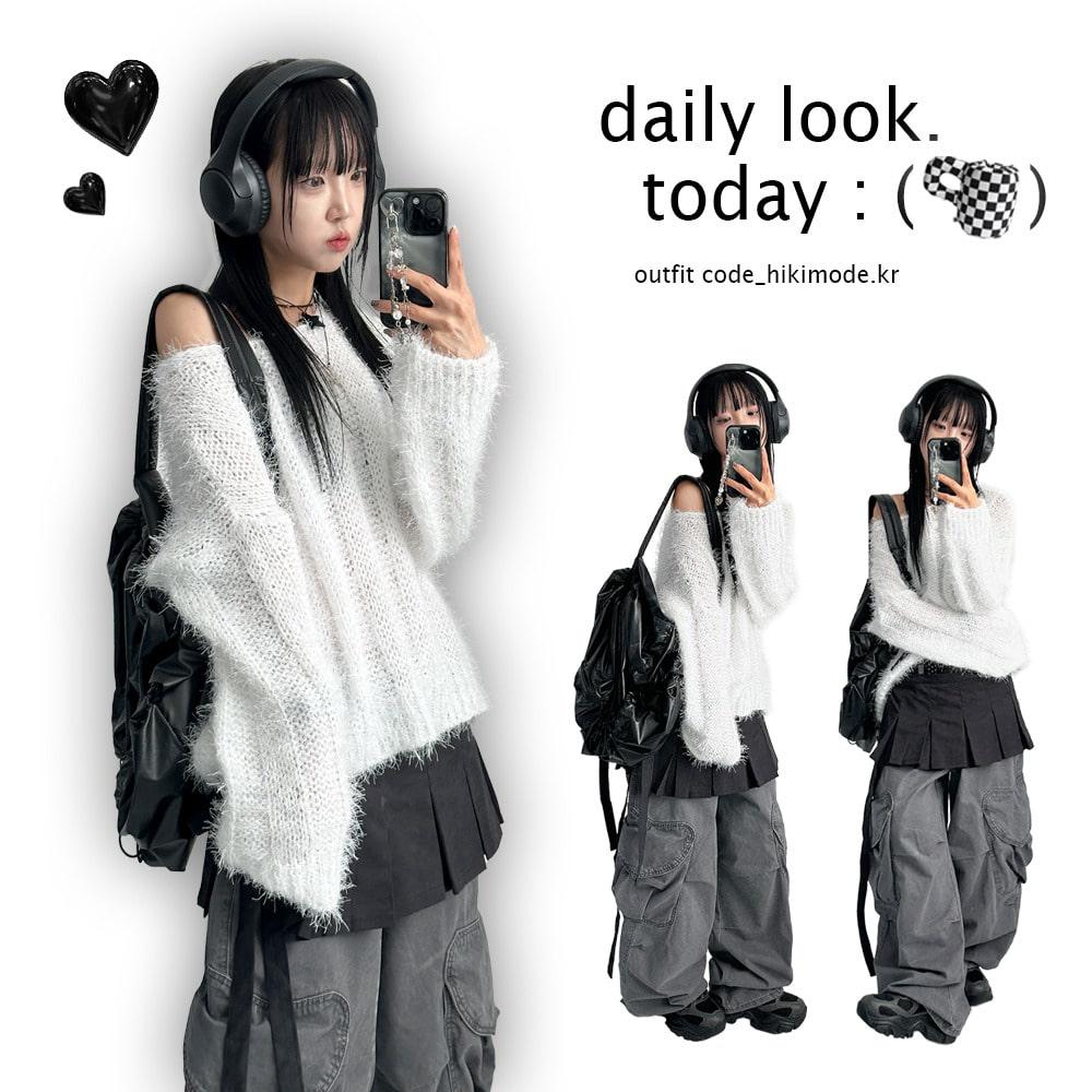 히키모드 솔잎 앙고라 날개 퍼 하프 오프숄더 골지 루즈핏 니트티셔츠