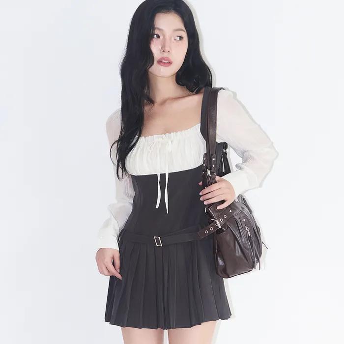 프레피 리본 플리츠 원피스 차콜