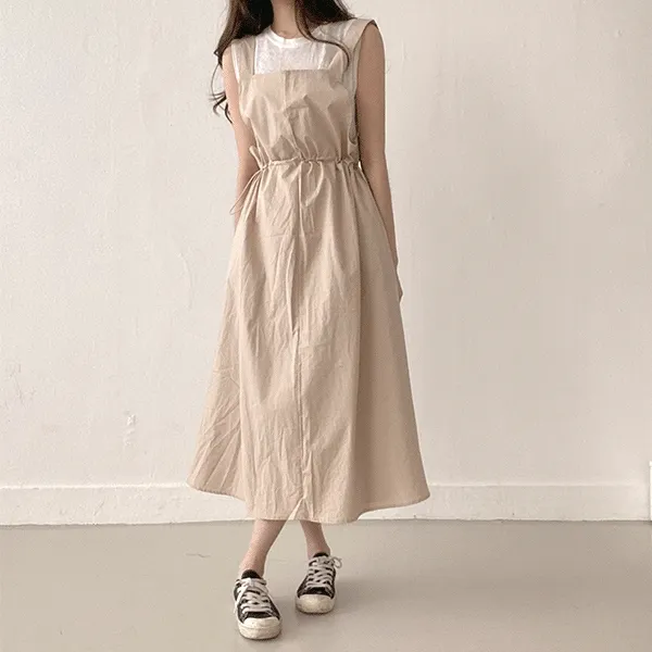 바스락 나시 스트링 멜빵 루즈핏 롱원피스(5color)