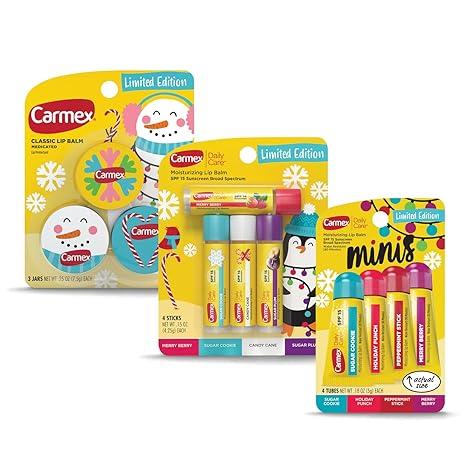 Carmex Lip Balm Holiday Bundle, Assorted Moisturizing Lip Balm Packs, 11 Count (3 Jars, 4 Sticks, 4 Mini Tubes)