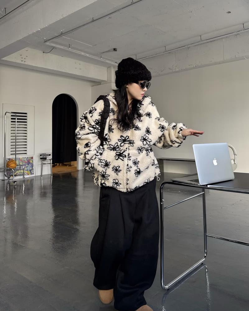 남녀공용 꽃 데이지 덤블 양털 후드집업 아우터