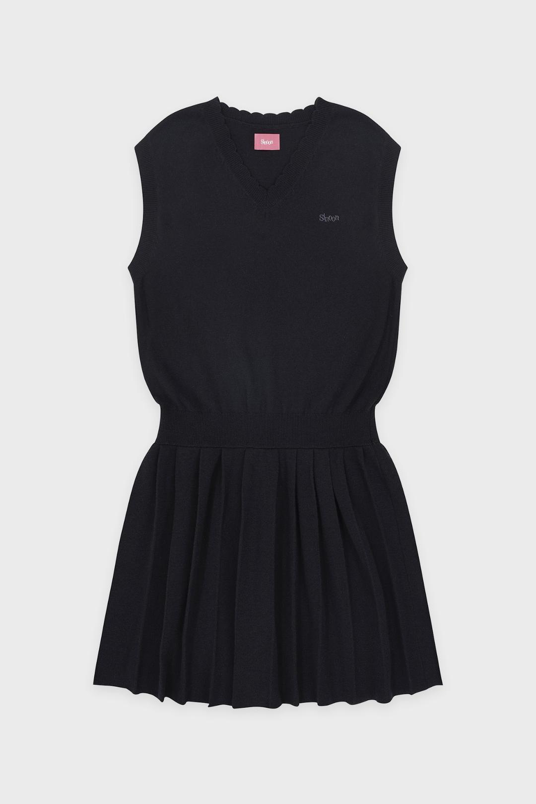 Wool-Blend Pleated Knit Dress (Navy)