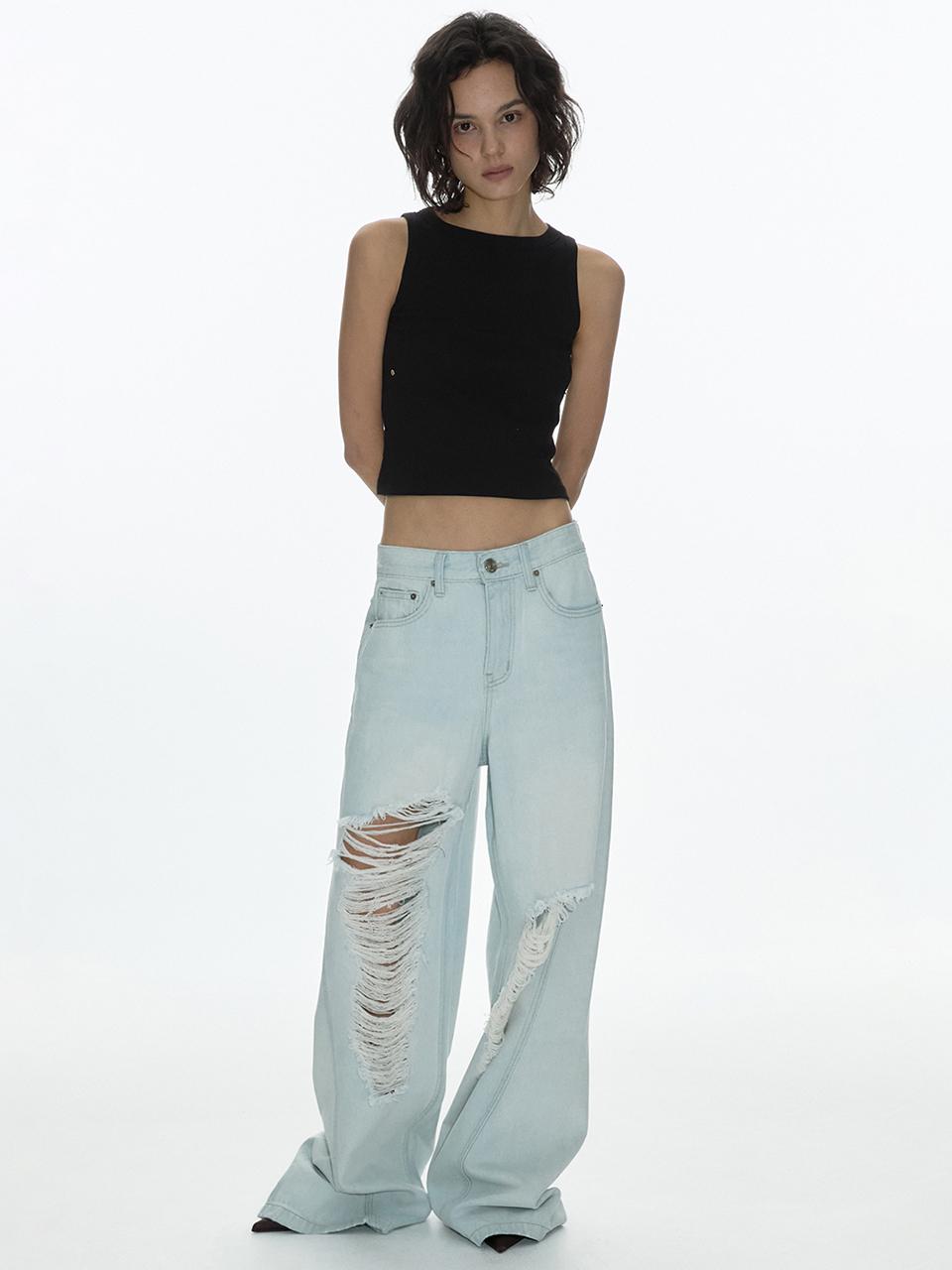 Curved Damage Wide Jeans [Ice Blue]