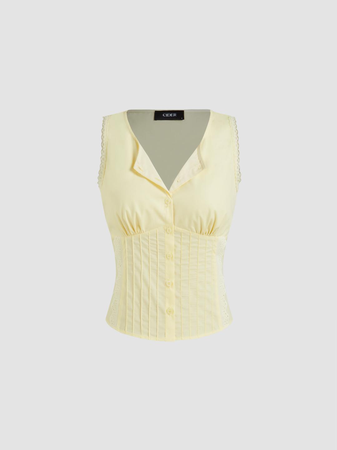 Cotton-blend Button Up Lace Trim Tank Top