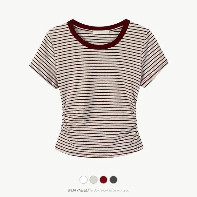 [주문폭주!❤️‍🔥] 빼빼로 스트라이프 단가라 셔링 반팔 티셔츠 - 4color