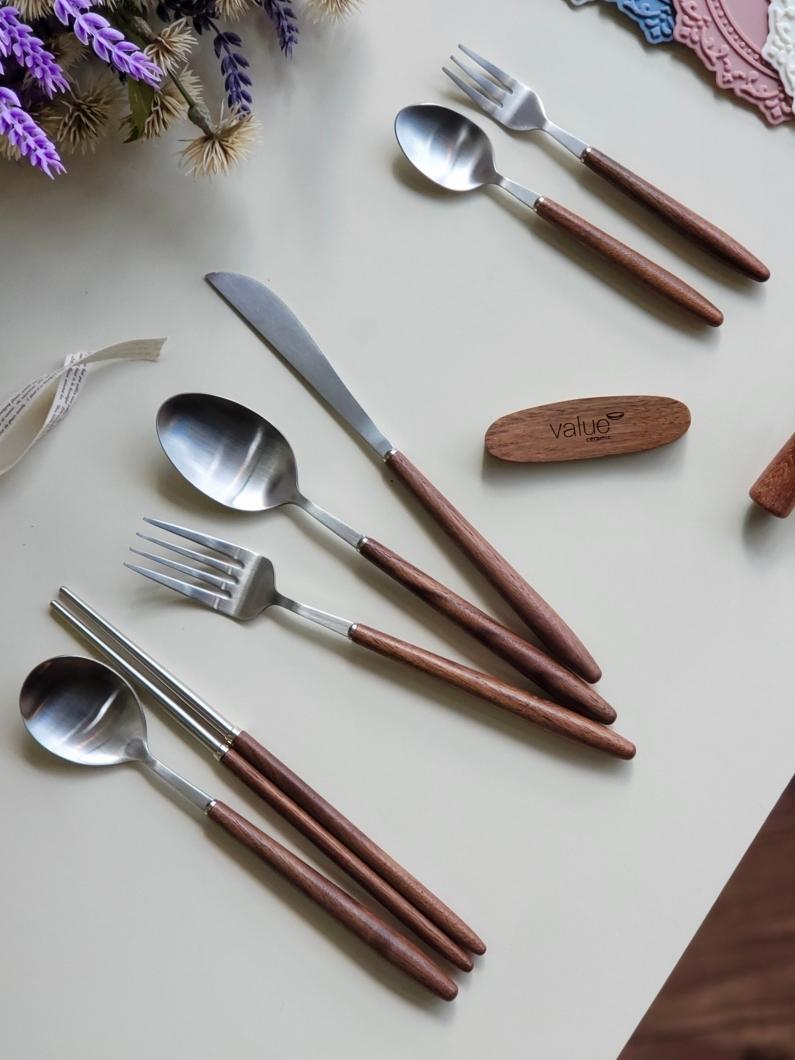 로이 월넛 우드 커트러리 나무 포크 나이프 스푼 양식기 세트