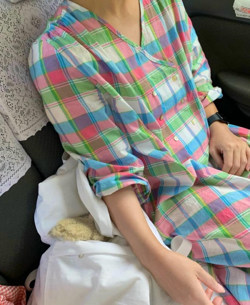 더블 체크 원피스 베이직 빈티지 체크 레이어드 롱 원피스