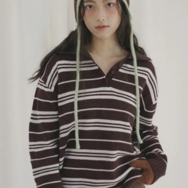 여성 루즈핏 단가라 줄무늬 PK 피케티 럭비티 스트라이프 카라 니트 (3col)