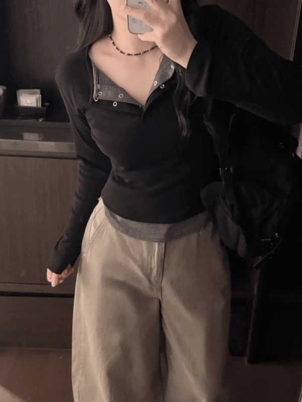 (봄신상🌸/1&2사이즈/MADE) 로지타 배색 레이어드 스냅 티