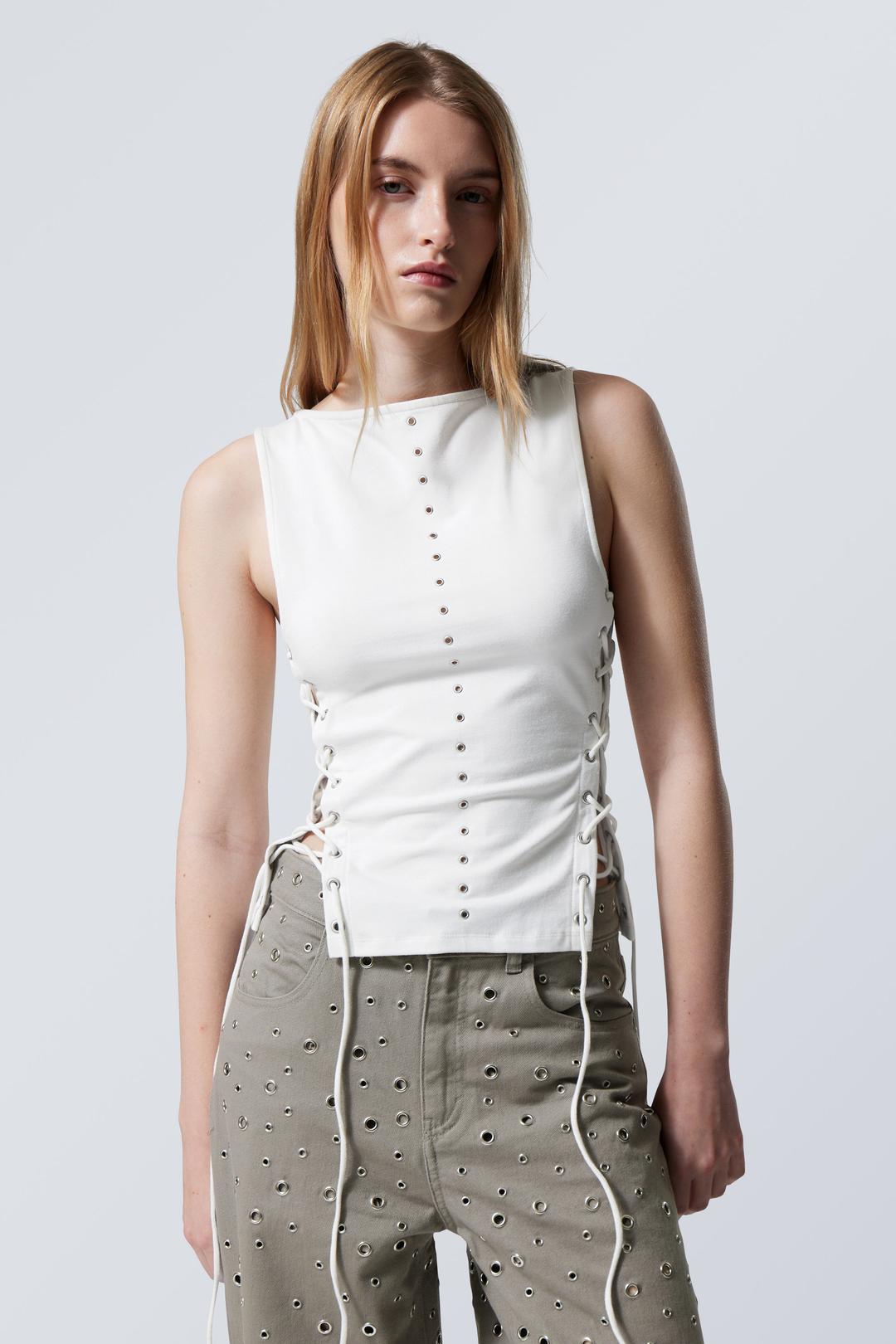 Sleeveless Lacing Boat-Neck Eyelet Top