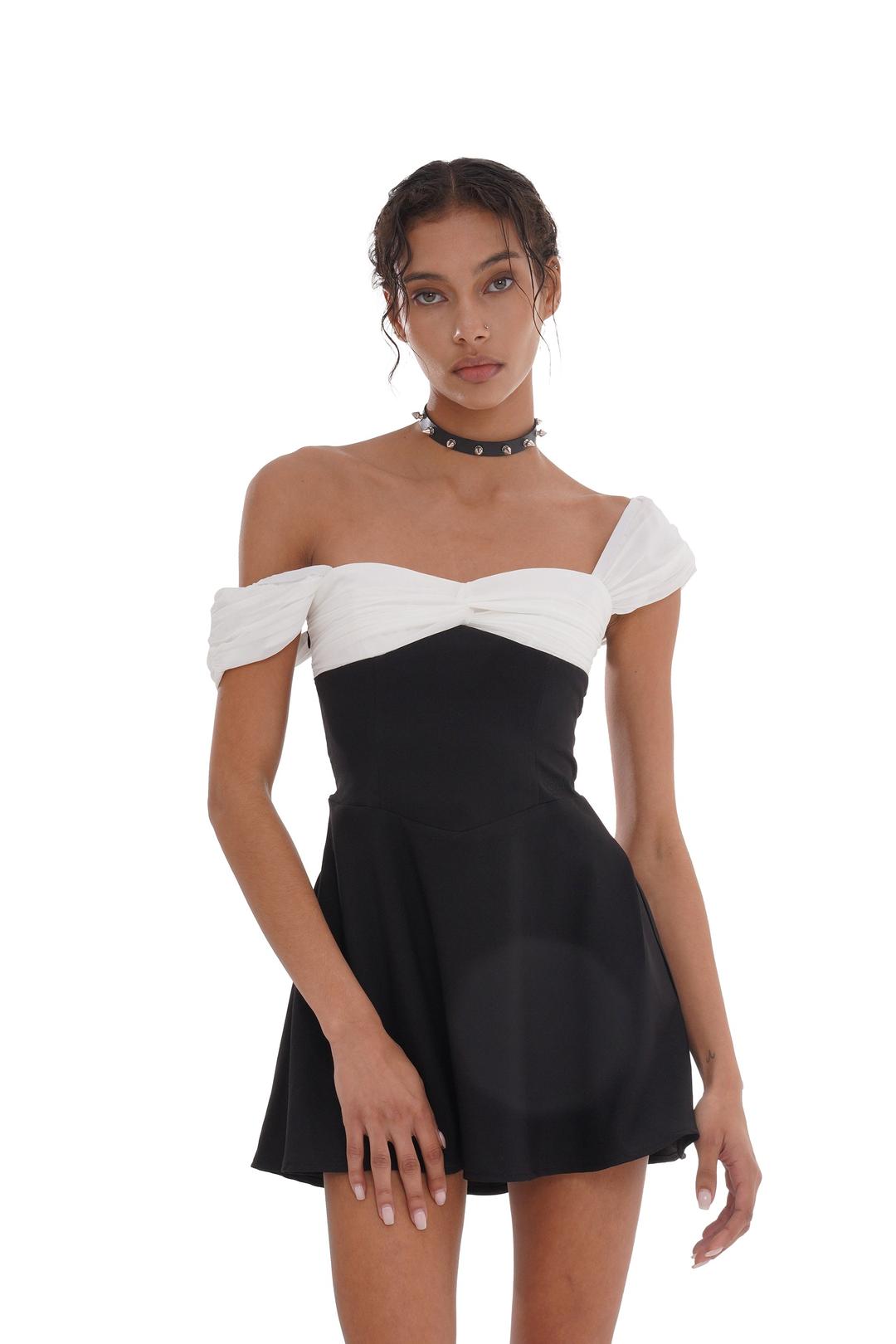 OFF-SHOULDER MINI DRESS WITH RUCHED BOWS - Black / XS