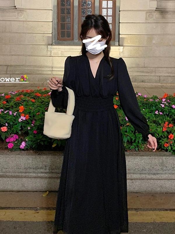 브이넥 손목프릴 봄 롱 원피스(베이지/블랙)