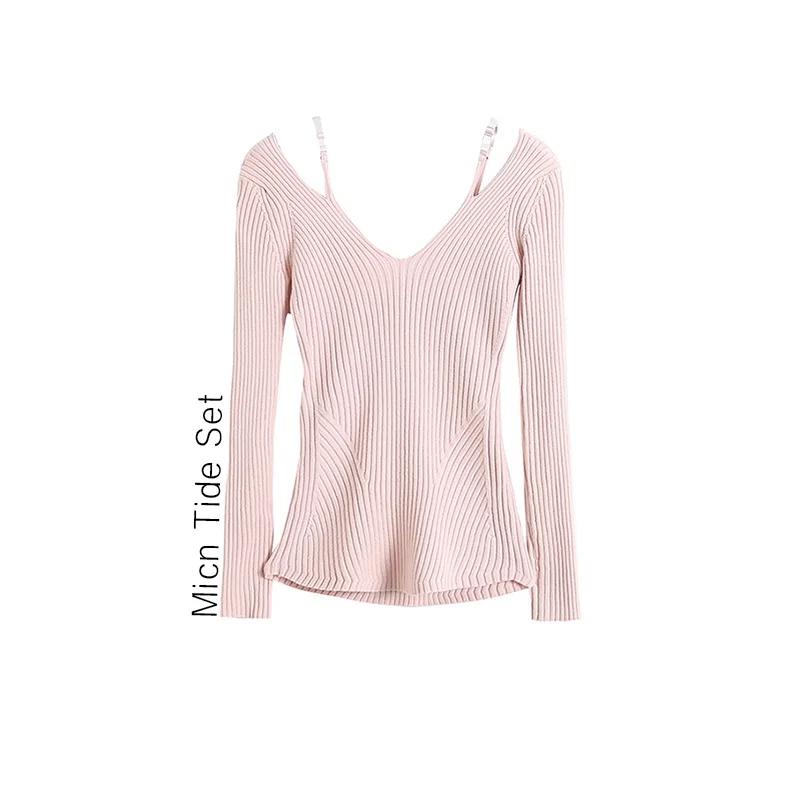 BM MICN ~ Pei Xiuzhi 같은 스타일 핑크 V-neck 니트 오프 숄더 가짜 두 조각 순수한 욕망 스타일 슬림 핏베이스 탑