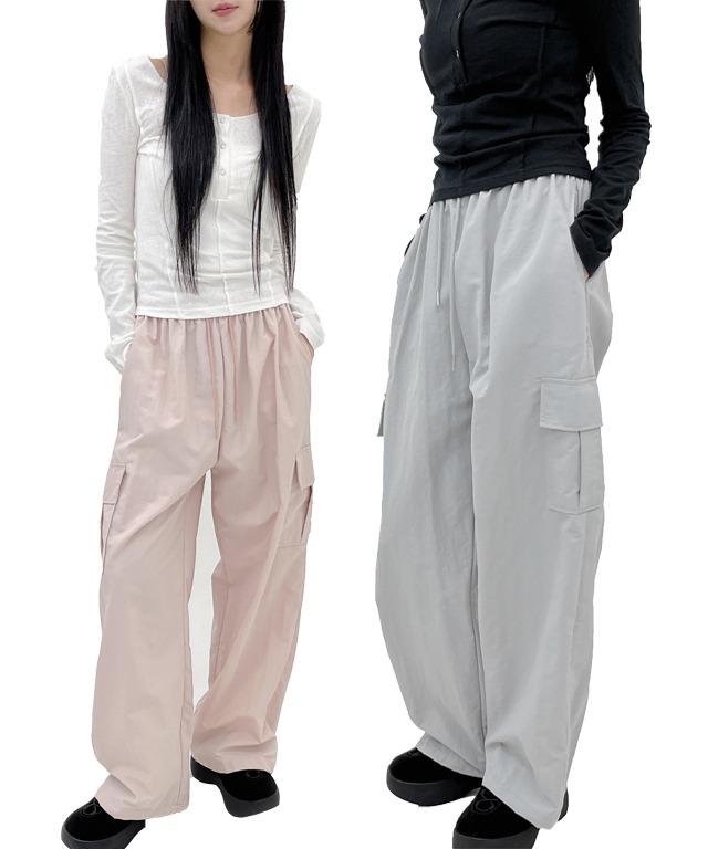 무드무디 스톤 나일론 카고 와이드 밴딩 팬츠 - 위시버킷