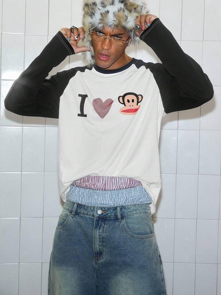 Paul Frank X ROMWE Men Rhinestone Detail Letter Cartoon Pattern Contrast Raglan Long Sleeve T-Shirt