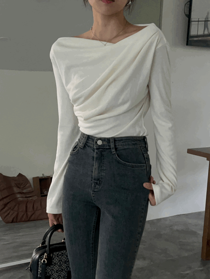 (1+1할인) 7컬러 베베 드레이프 오프숄더 입술넥 셔링 긴팔 티셔츠