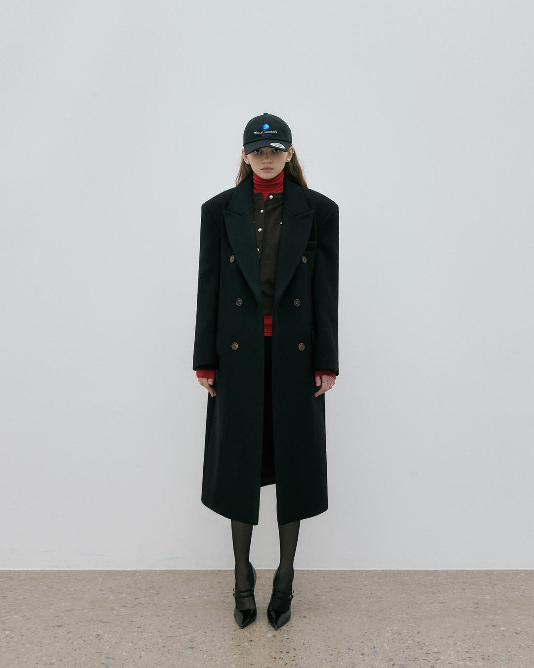 DOUBLE BREASTED WOOL LONG COAT / BLACK
