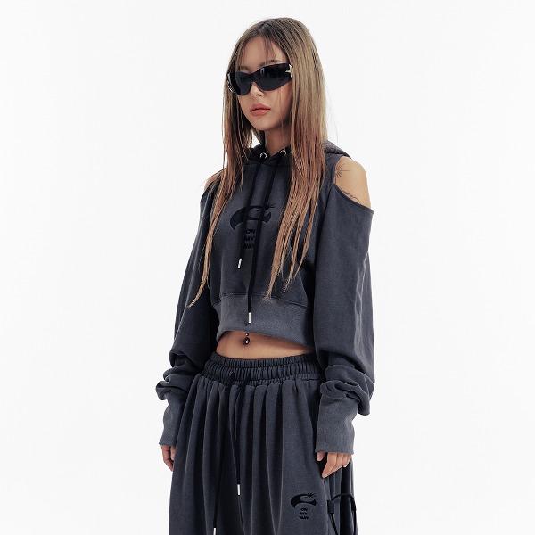 24 컷아웃 피그먼트 크롭 후드티 논기모 차콜  [1월31일예약배송]