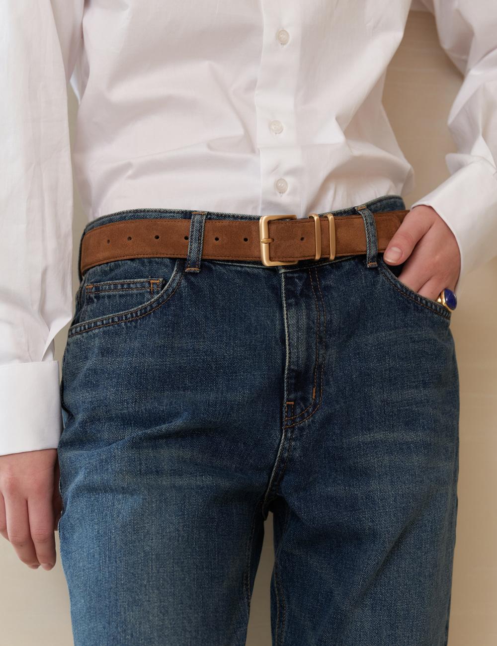 Italy Suede Leather Buckle Belt (Camel)