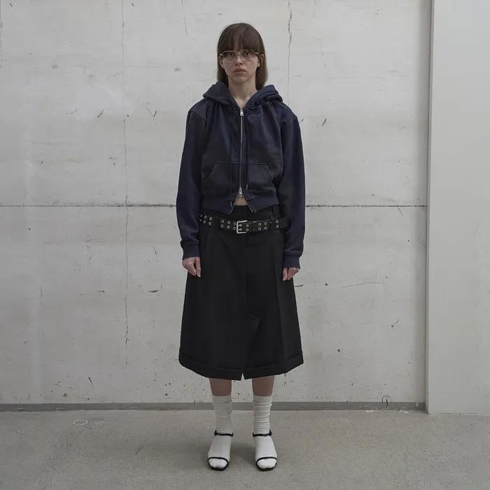 WASHED SHIRRING HOODIE ZIP-UP (NAVY)