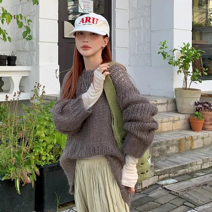 [미소츄 PICK] NETTED SEE THROUGH MOHAIR ALPACA KNIT, BROWN